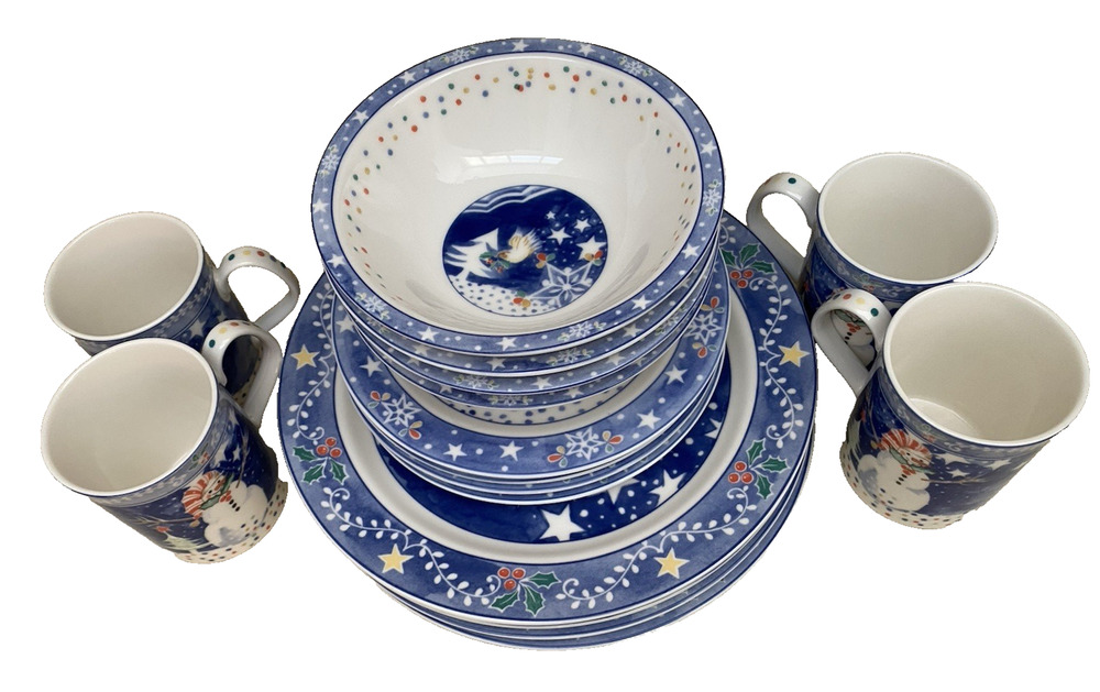 Noritake Epoch China Mr Snowman E115 16pc Set Christmas Dinnerware Service For 4